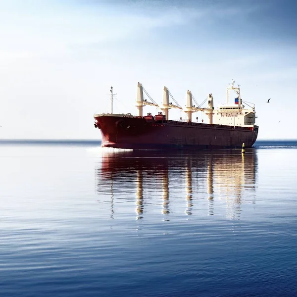 General Cargo Ship Sailing Still Water Its Reflection Port Riga — Stock Photo, Image