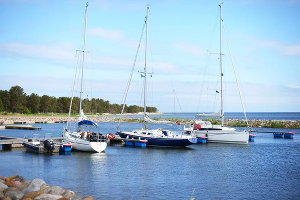 Sloop Rigged Yachts Moored Pier Water Bay Baltic Sea Sunny — Stock Photo, Image