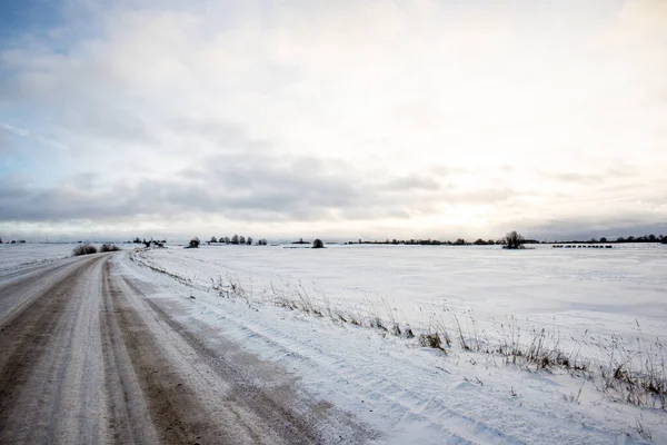 Road Snow Covered Country Fields Sunset Sunny Winter Day — Stock Photo, Image