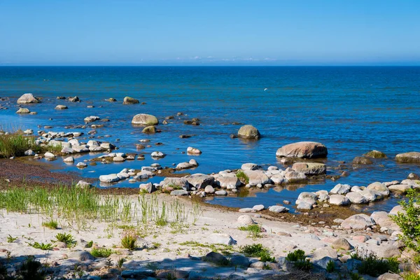 Clear Blue Sky Shores Baltic Sea Stones Water Green Grass — Foto Stock