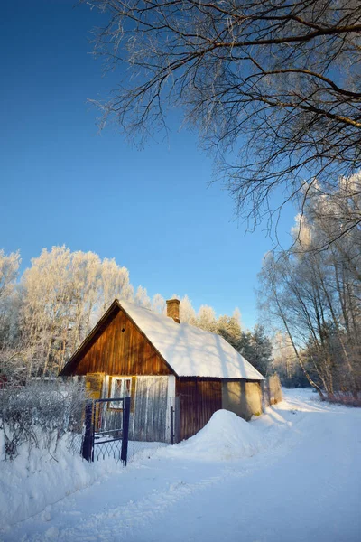 冬の田園風景 古い木造の家のクローズアップ 背景には雪に覆われた白樺の木 真っ青な空 ラトビア — ストック写真