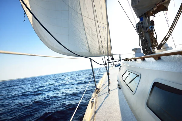 White Yacht Sailing Sunny Summer Day Close View Deck Bow Stock Image