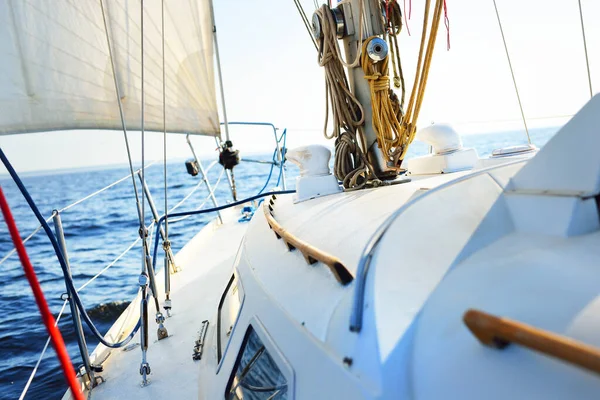 White Yacht Sailing Clear Sunny Day Close View Deck Bow Stock Image