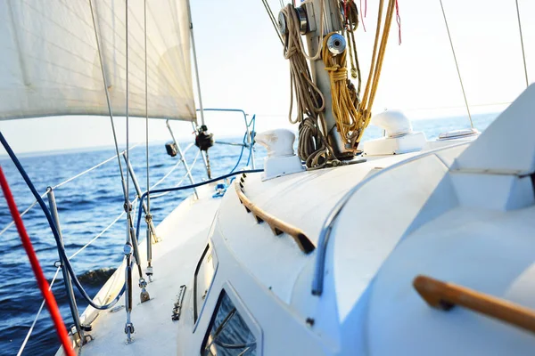 White Yacht Sailing Clear Sunny Day Close View Deck Bow Stock Photo