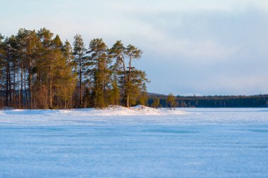 Karla kaplı donmuş Kuito gölünün üzerinde dramatik bir gökyüzü, arka planda kozalaklı bir orman. Kış batımı. Karelya Kuzey, Laponya