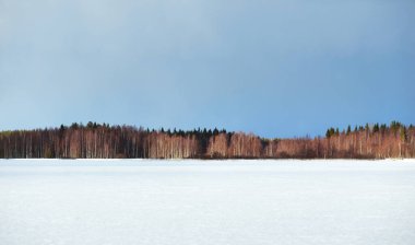 Karla kaplı donmuş Kuito gölünün üzerindeki dramatik mavi gökyüzü, arka planda kozalaklı orman. Kış kır manzarası. Fırtına bulutları. Karelya Kuzey, Laponya