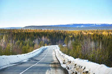 Boş asfalt yolun kozalaklı ormandaki havadan görünüşü. Arka planda karla kaplı dağlar. Kış manzarası. Kola Yarımadası, Murmansk bölgesi, Kutup Dairesi, Karelia, Rusya