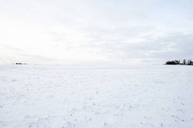 Gün batımında karla kaplı kırsal alanın panoramik manzarası. Akşam bulutları. Norveç