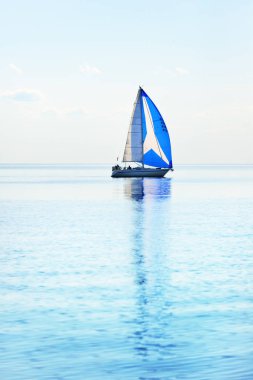 Yelkenli yat yarışı. Mavi yelkenli modern yelkenli yarışı. Açık bir yaz günü. Kiel, Almanya