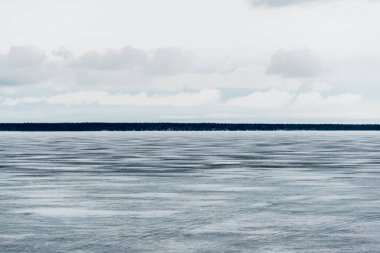 Kış manzarası. Donmuş karla kaplı göl manzarası. Arka planda orman var. Fırtınalı akşam bulutları. Onega Gölü, Karelia, Rusya
