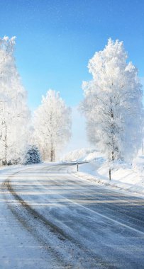 Karla kaplı tarlalar, ormanlar, köyler boyunca uzanan boş S şeklindeki otoyolun manzarası. Kırsal kesimde kış manzarası. Seyahat, Noel tatili, lojistik, tehlikeli sürüş, off-road, ulaşım