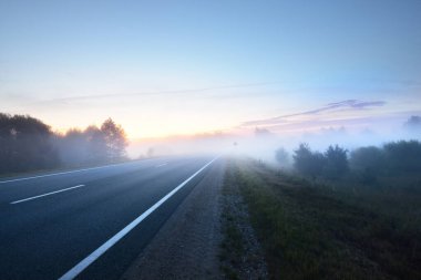 Gün doğumunda boş otoyol. Sisli bir sabah. Arka planda çam ormanı. Kemeri, Letonya