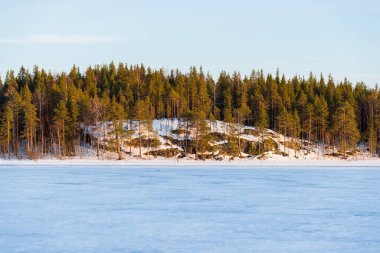 Karla kaplı donmuş nehrin üzerindeki dramatik gökyüzü. Eski yeşil ağaçlar yakın plan. Arka planda kozalaklı orman var. Kış batımı. Karelya Kuzey, Laponya