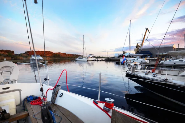 Yachts Pier Sunset Colorful Evening Sky Clouds Port Riga Latvia — Stock Photo, Image