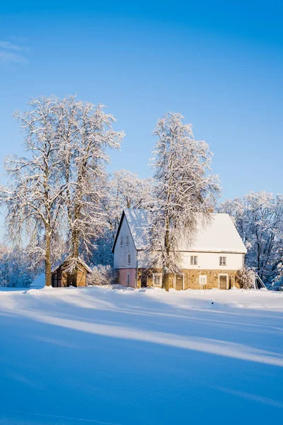 Ein Blick Auf Das Alte Traditionelle Landhaus Und Schneebedeckte Bäume — Stockfoto