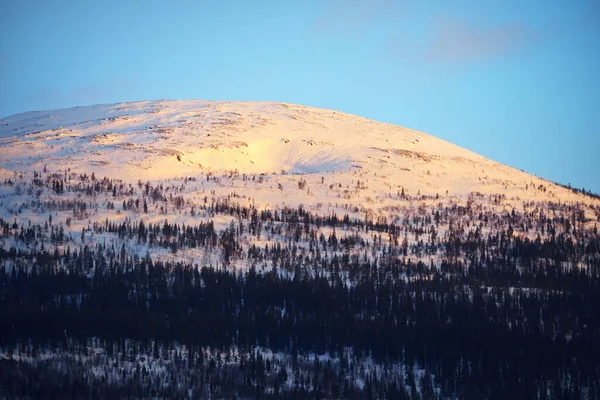 Schneebedeckte Berggipfel Und Nadelwälder Der Halbinsel Kola Bei Sonnenuntergang Atemberaubender — Stockfoto