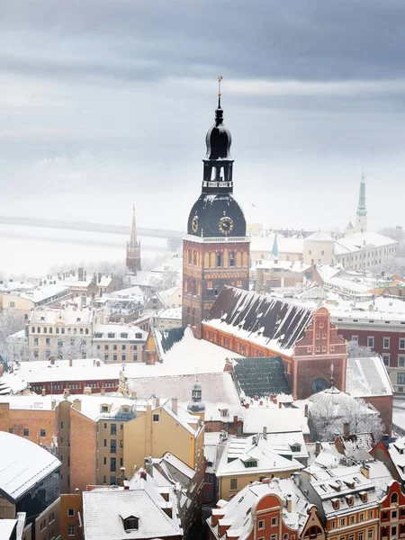 Vista Aérea Panorâmica Cidade Velha Riga Rio Daugava Igreja São — Fotografia de Stock