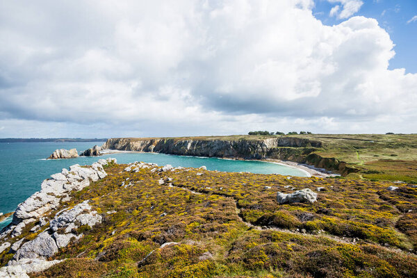 View of an ocean lagoon at Pointe de Toulinguet in Brittany, France