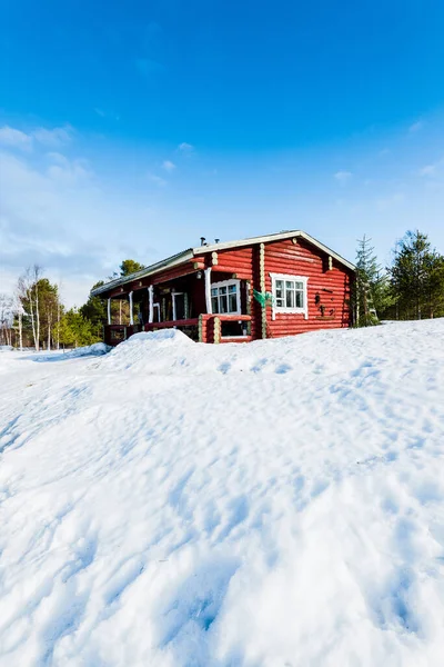 Oud Rood Houten Huis Het Besneeuwde Veld Close Altijd Groen — Stockfoto