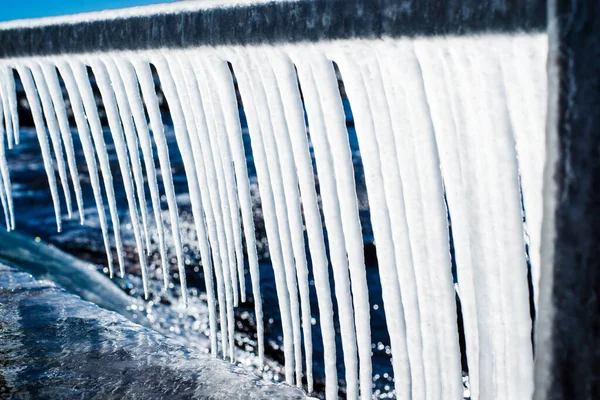 Snow Covered Old Rusty Pier Clear Sunny Day Ice Fragments — Stock Photo, Image