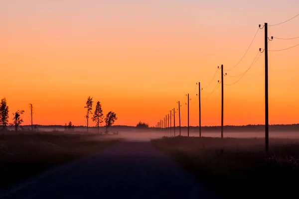 View Country Dirt Road Green Agricultural Fields Sunset Transformer Poles — Stock Photo, Image