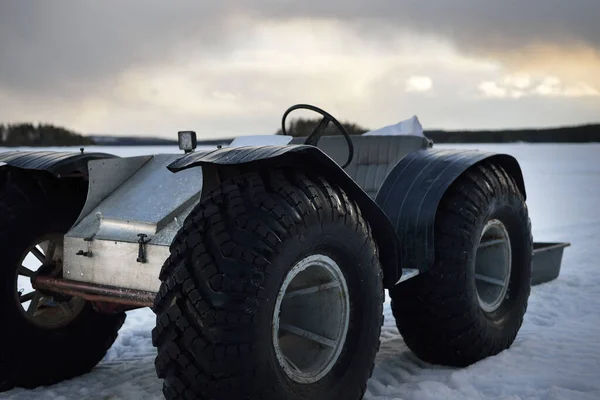 Hand Made All Terrain Vehicle Snow Covered Field Sunset Close — Stock Photo, Image