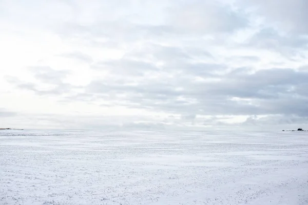 Vista Panorâmica Campo Rural Vazio Coberto Neve Pôr Sol Nuvens — Fotografia de Stock