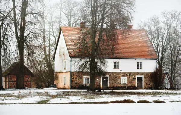 Traditional Country House Red Tiled Roof Old Mossy Tree Close — Stock Photo, Image