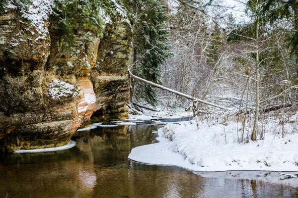 Winterliche Waldlandschaft Klippen Der Nähe Des Flusses Und Kiefern Hintergrund — Stockfoto