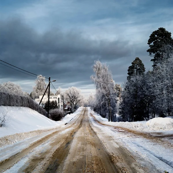 曇り空の冬の日に雪に覆われた木を通って空の田舎道の景色 ラトビア — ストック写真