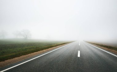 Kır manzarası. Güçlü bir sabah sisinin içinde boş bir asfalt yol. Orman ve arka planda evler. Polonya
