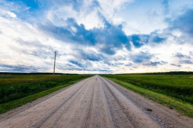 Gün batımında yeşil ve ekili tarlalardan geçen toprak bir yol. Yağmurdan sonra dramatik akşam gökyüzü. Letonya