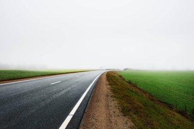 Kır manzarası. Güçlü bir sabah sisinin içinde boş bir asfalt yol. Orman ve arka planda evler. Polonya