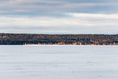 Kış manzarası. Gün batımında donmuş karla kaplı göl manzarası. Arka planda orman var. Renkli akşam bulutları. Onega Gölü, Karelia, Rusya