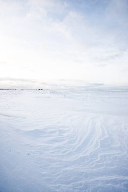 Gün batımında karla kaplı kırsal alanın panoramik manzarası. Akşam bulutları. Norveç
