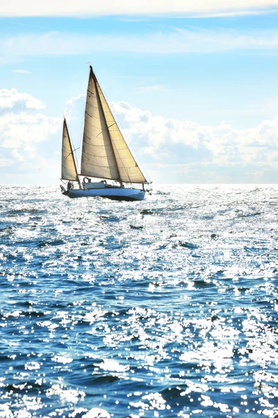 Vintage White Wooden Sailing Boat Sails Open Sea Cloudy Day — Stock Photo, Image