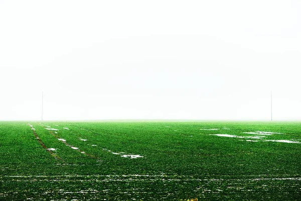 Campo Agrícola Rural Verde Sob Céu Sombrio Uma Névoa Espessa — Fotografia de Stock