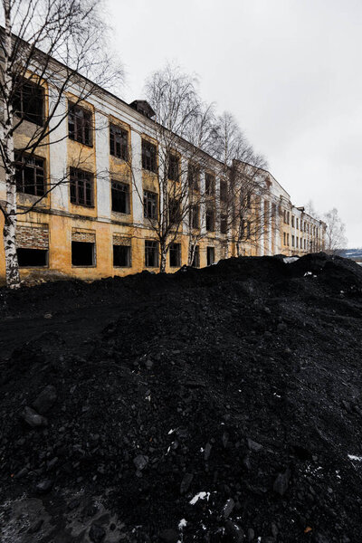 Abandoned historical building with columns. Winter landscape. Murmansk region, Kandalaksha, Polar Circle, Karelia, Russia