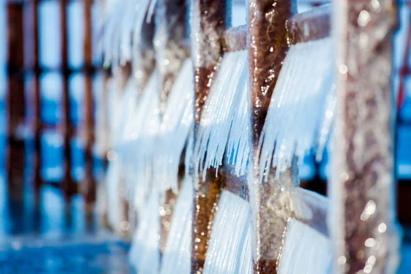 Snow Covered Old Rusty Pier Clear Sunny Day Ice Fragments — Stock Photo, Image