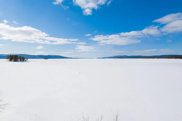 Panoramatický Výhled Zamrzlé Jezero Zasněžené Hory Jehličnatý Les Pozadí Jasné — Stock fotografie