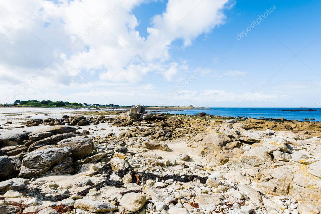 Rocky ocean coastline in Plouguerneau, Brittany, France