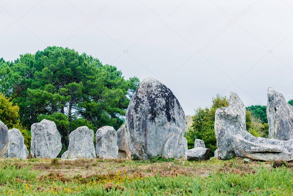Ancient menhir granite stones in a deciduous oak forest in Carnac, France