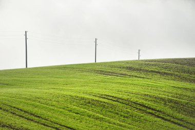 Yeşil tarlalı tepelerin panoramik manzarası. Elektrik hattı, yakın plan. Dramatik fırtınalı gökyüzü. Çiftlik, endüstri, ekoloji, doğa, çevresel hasar, teknoloji. Almanya