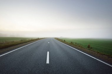 Gün doğumunda sisli bir havada boş otobanın tarlalar ve ormanlar arasındaki panoramik görüntüsü. Avrupa. Ulaşım, lojistik, seyahat, yolculuk, özgürlük, sürüş. Kırsal alan