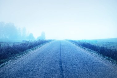 Gün doğumunda sisli bir havada tarlaların ve ormanın içinden geçen toprak yolun panoramik görüntüsü. Avrupa. Ulaşım, lojistik, seyahat, yolculuk, araba kullanma. Kırsal alan. Gizemli mavi ışık