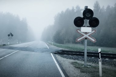 Demiryolu seviyesi yoğun bir siste kesişiyor, arka planda orman var. Manzara kavramı. Yük ve yolcu taşımacılığı, endüstri, iş, iletişim, çevresel hasar. Tek Renkli