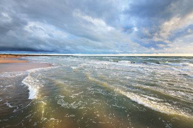 Sandy Baltık deniz kıyısı. Gün batımında fırtınadan sonra. Letonya 'da sızıntı var. Destansı deniz manzarası. Kasırga, fırtına, kararsız hava, meteoroloji, iklim değişikliği, doğal olay