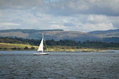 Küçük bir Ardrishaig köyünün kayalık kıyıları ve ormanlarının panoramik manzarası. Yatlar ve yazlık evler. Loch Fyne, Crinan Kanalı, Argyll ve Bute, İskoçya, İngiltere