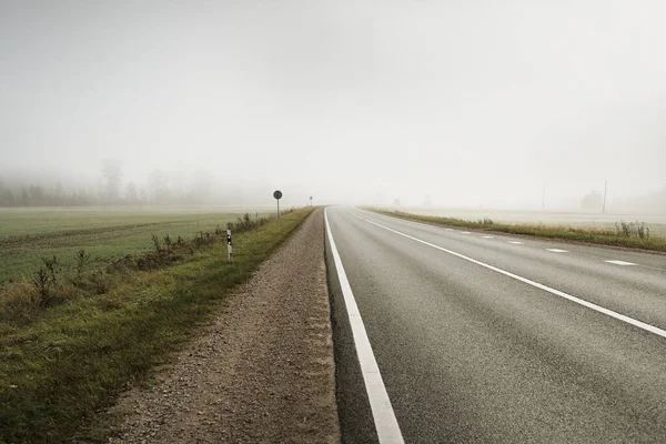 Gün doğumunda sisli bir havada boş otobanın arabasından ormana ve tarlalara doğru panoramik bir manzara. Avrupa. Ulaşım, lojistik, seyahat, yolculuk, özgürlük, sürüş. Kırsal alan