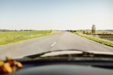 Açık bir günde tarla ve orman boyunca asfalt yol (karayolu). Sıcak gün ortası güneşi, açık gökyüzü. Arabadan bir manzara. Seyahat yerleri, tatiller, özgürlük, sürüş, ulaşım